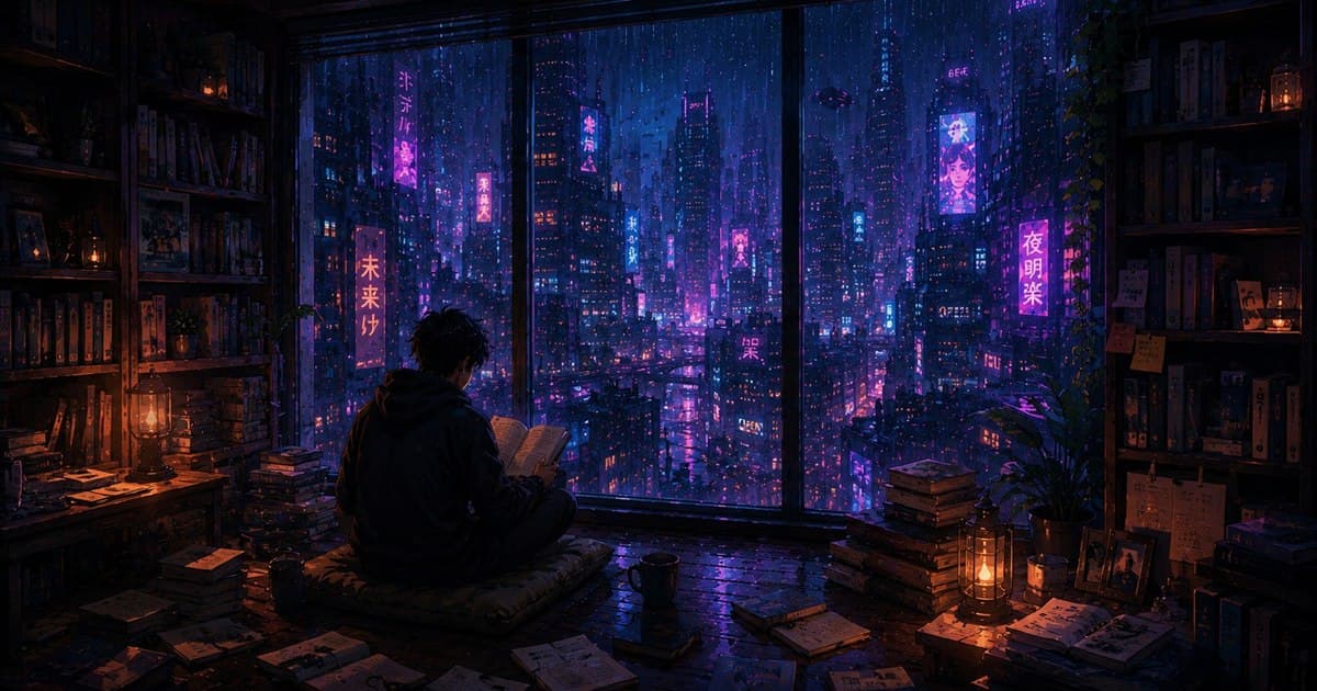 Quiet Hours — a figure reading by a rain-streaked window above a neon city